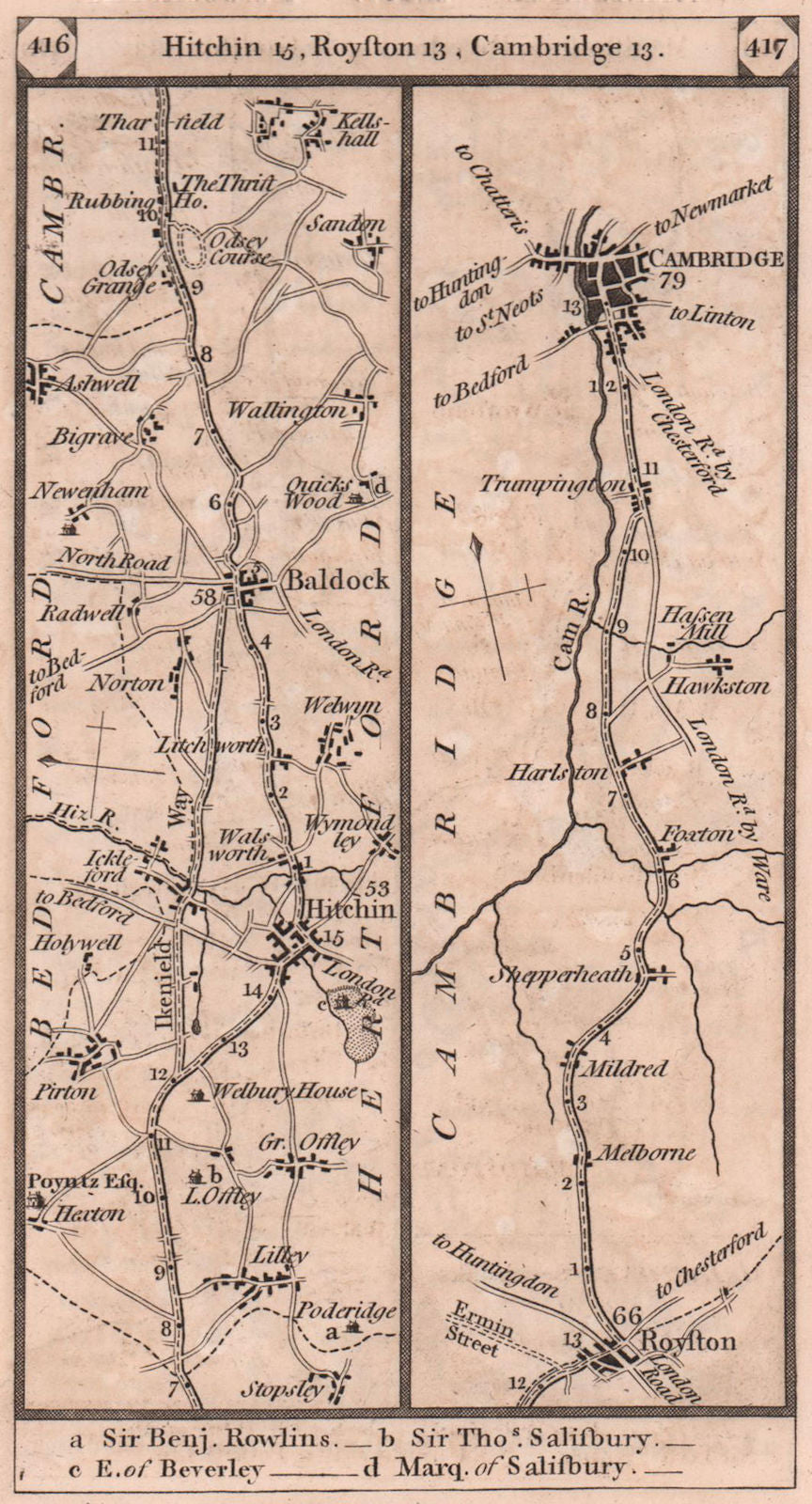 Lilley-Hitchin-Letchworth-Royston-Cambridge road strip map PATERSON 1803